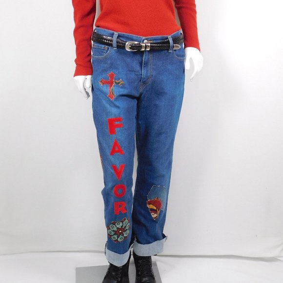 Upcycled Denim Boyfriend Blessed Patchwork Jeans 14 (123024) - Picture 2 of 5